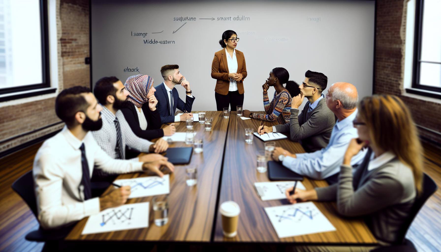 A photo of A smart adult instructing a group of other adults around a conference room table-1