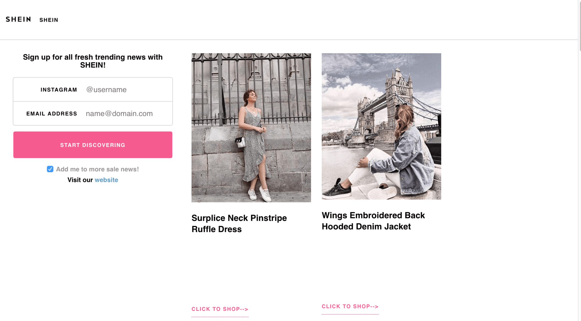 SheIn landing page